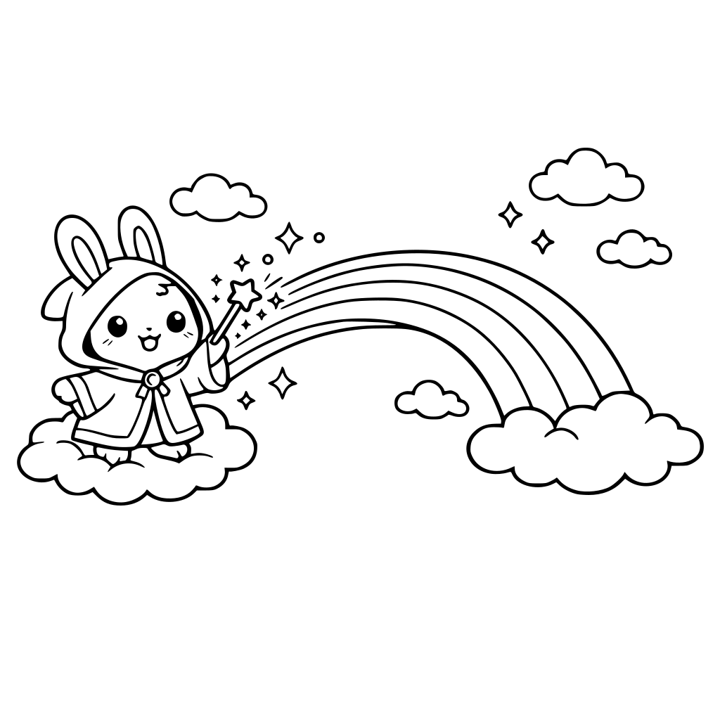 cartoon and kawaii-style bunny in a magic robe making a rainbow bridge — bridge arching across .