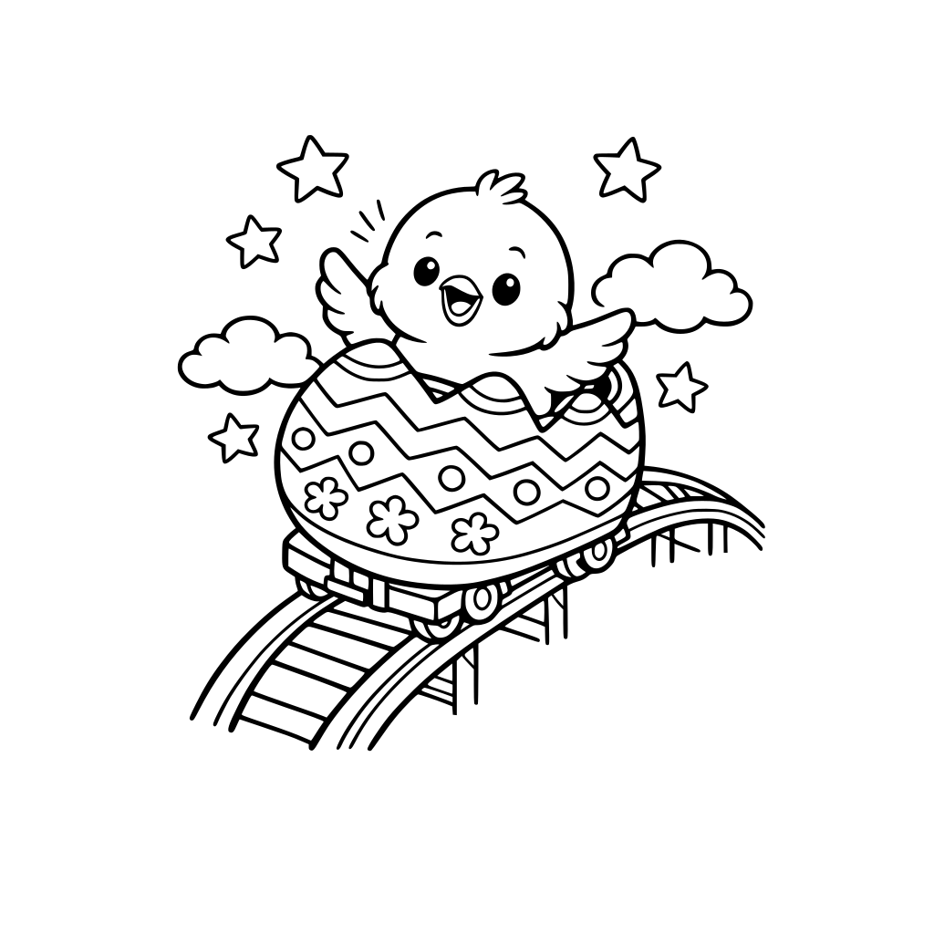 Chick riding a roller coaster shaped like a giant Easter egg, cute, kids friendly
