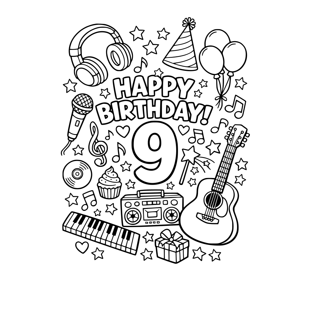 music related coloring page for 9 year old girl birthday party