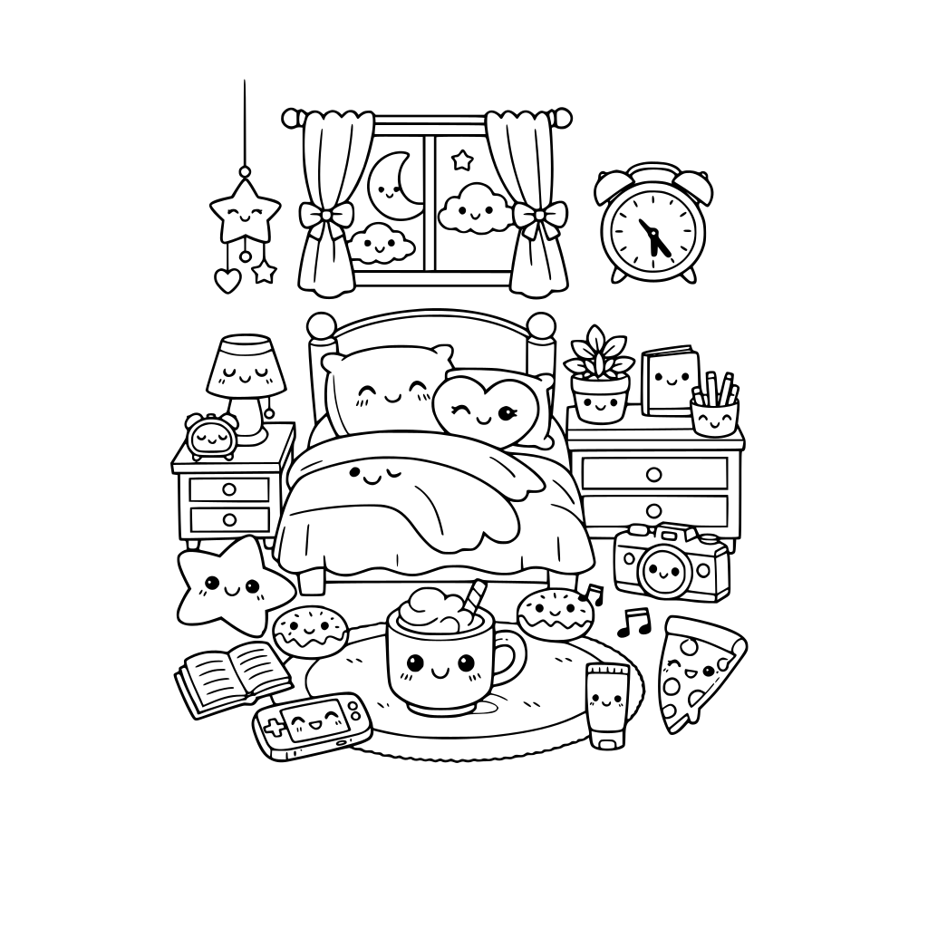 cute kawaii bedroom scene. no animals. items have cute kawaii facial expressions where possible. do not repeat items. do not repeat facial expressions.