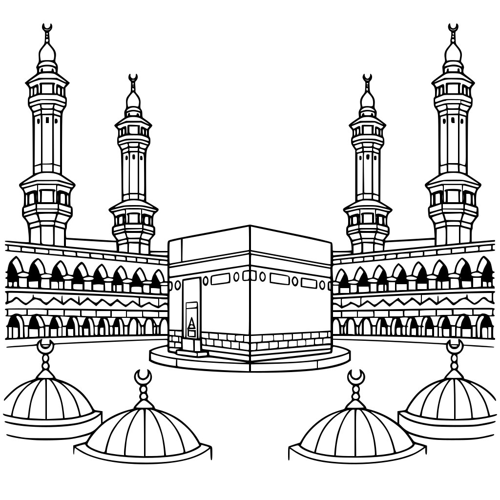 Masjid al-Haram — Makkah, Saudi Arabia Line art of Masjid al-Haram with the Kaaba in the center, mature line-art, medium complexity, focus on domes and minarets, simple and clean outlines, suitable for adult coloring.