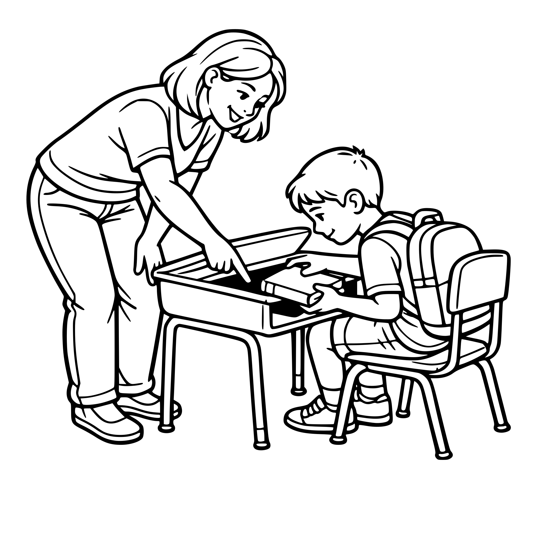 Create an image of a real female teacher dressed casually, telling a boy student to put the book in his desk. She points and looks inside his desk to show him where to put the book. White background, isolated.