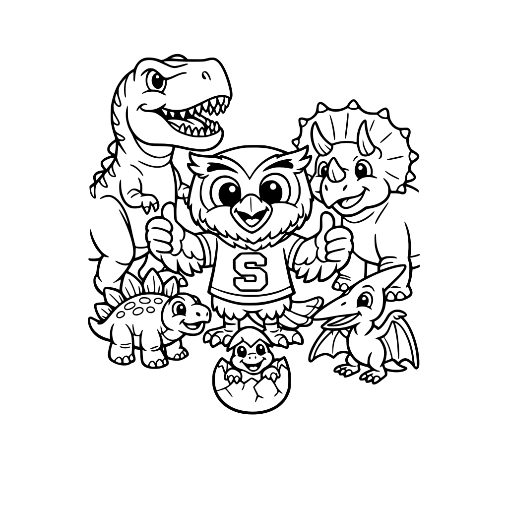 Swoop the owl surrounded by dinosaurs