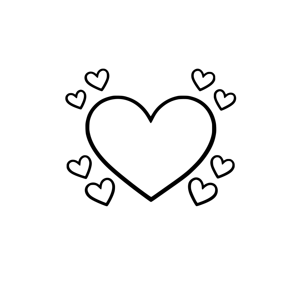 Big heart with small hearts around very simple, bold black outlines, thick lines, minimal details, no shading, no color, black and white only.
