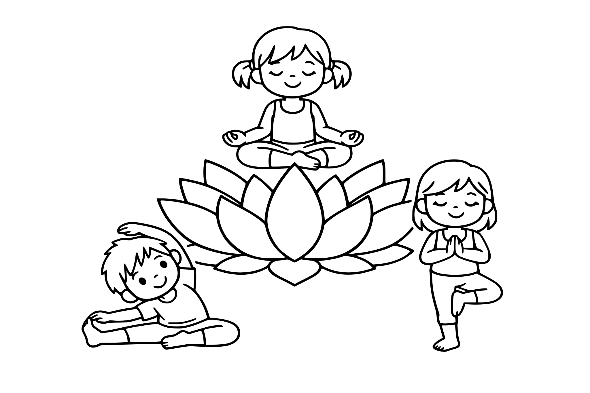 Un dibujo donde aparezca una flor de loto, y también niños con posturas de yoga