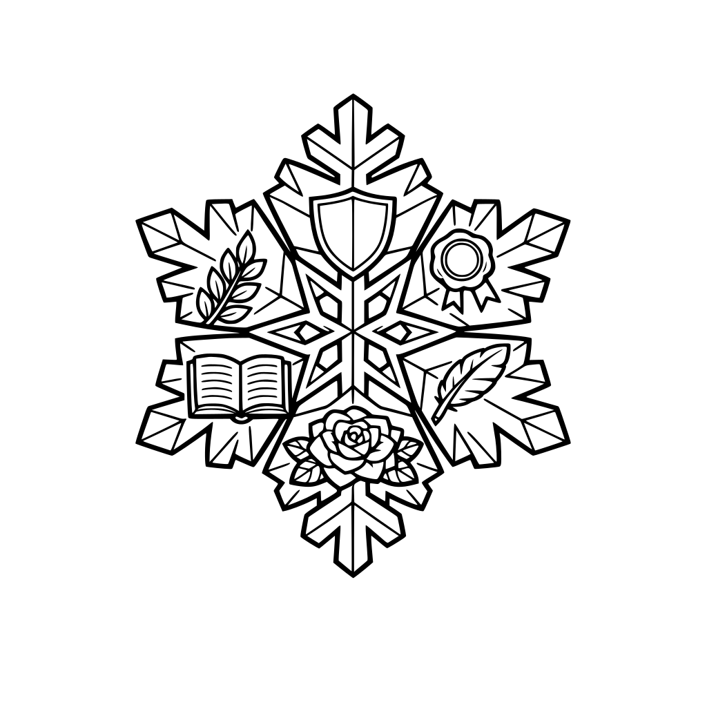 “Black-and-white coloring page, large symmetrical snowflake crest divided into 6 thick, easy-to-color segments. Include small icons tucked into segments: shield, wax seal, quill, ledger, laurel, winter rose. Thick outlines, no shading, no text.”