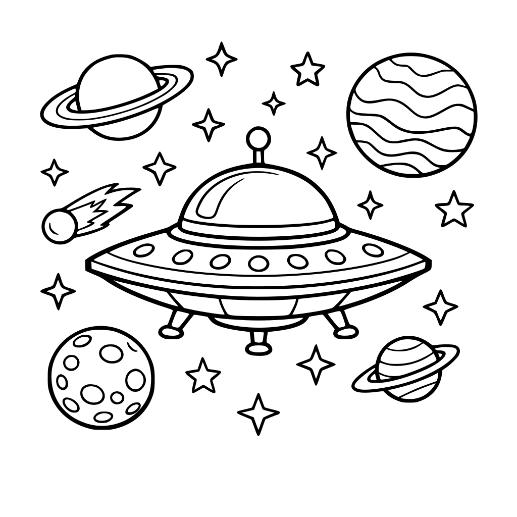 UFO-style spaceship surrounded by planets and twinkling stars.