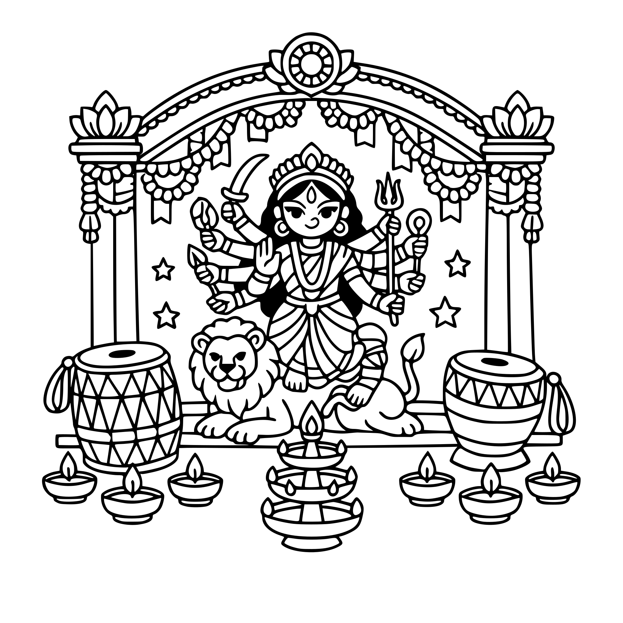 Cute cozy simple West Bengal Durga Puja pandal scene with decorated arch, drums, and diyas.