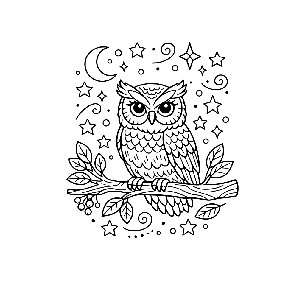 Wise owl perched on a branch surrounded by stars, leaves, and simple patterns