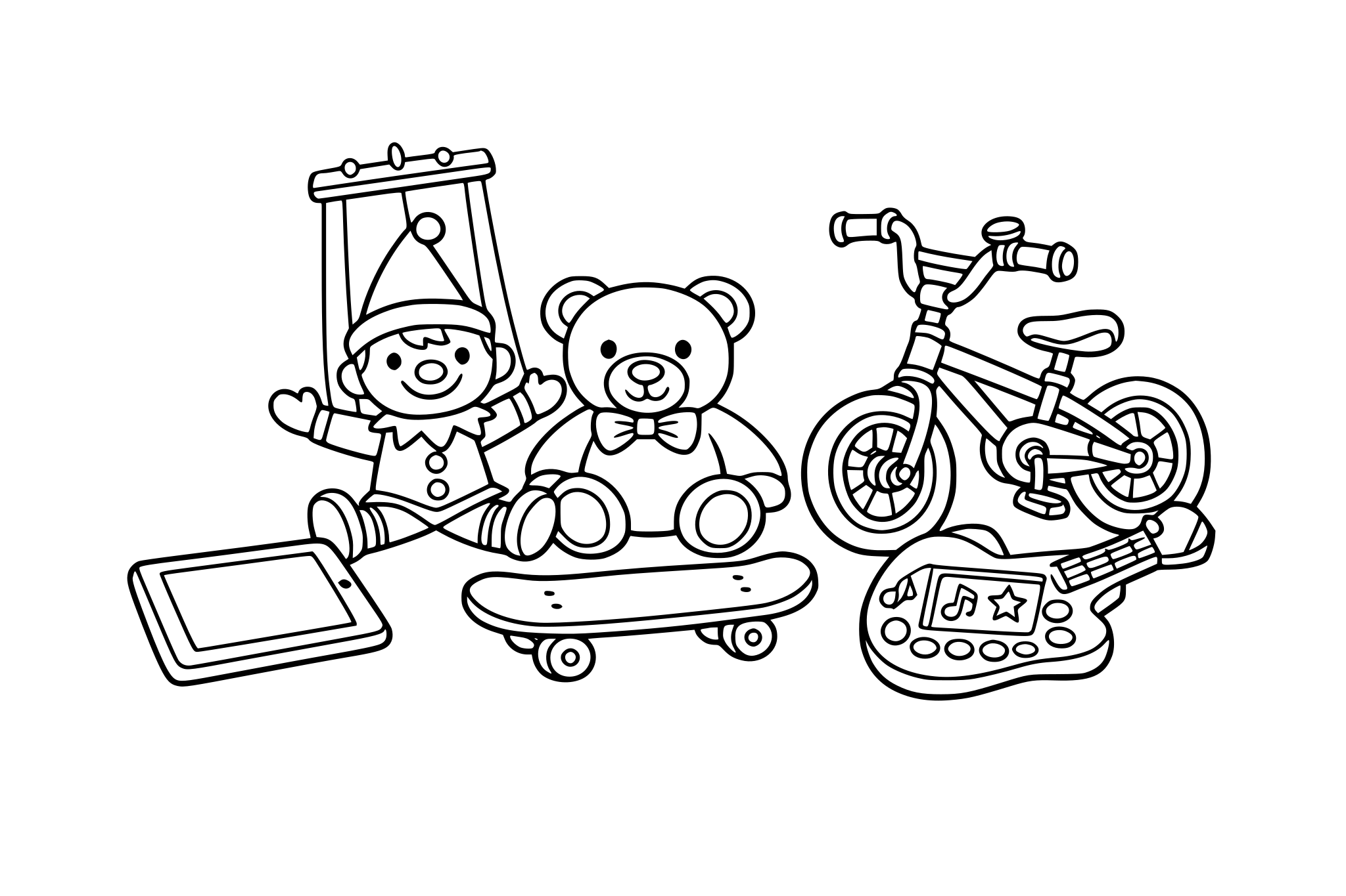 Quiero una página para colorear en la que se vea una habitación infantil en la que aparezcan los siguientes juguetes: tablet, osito de peluche, marioneta, patín, bicicleta, tablet guitarra.