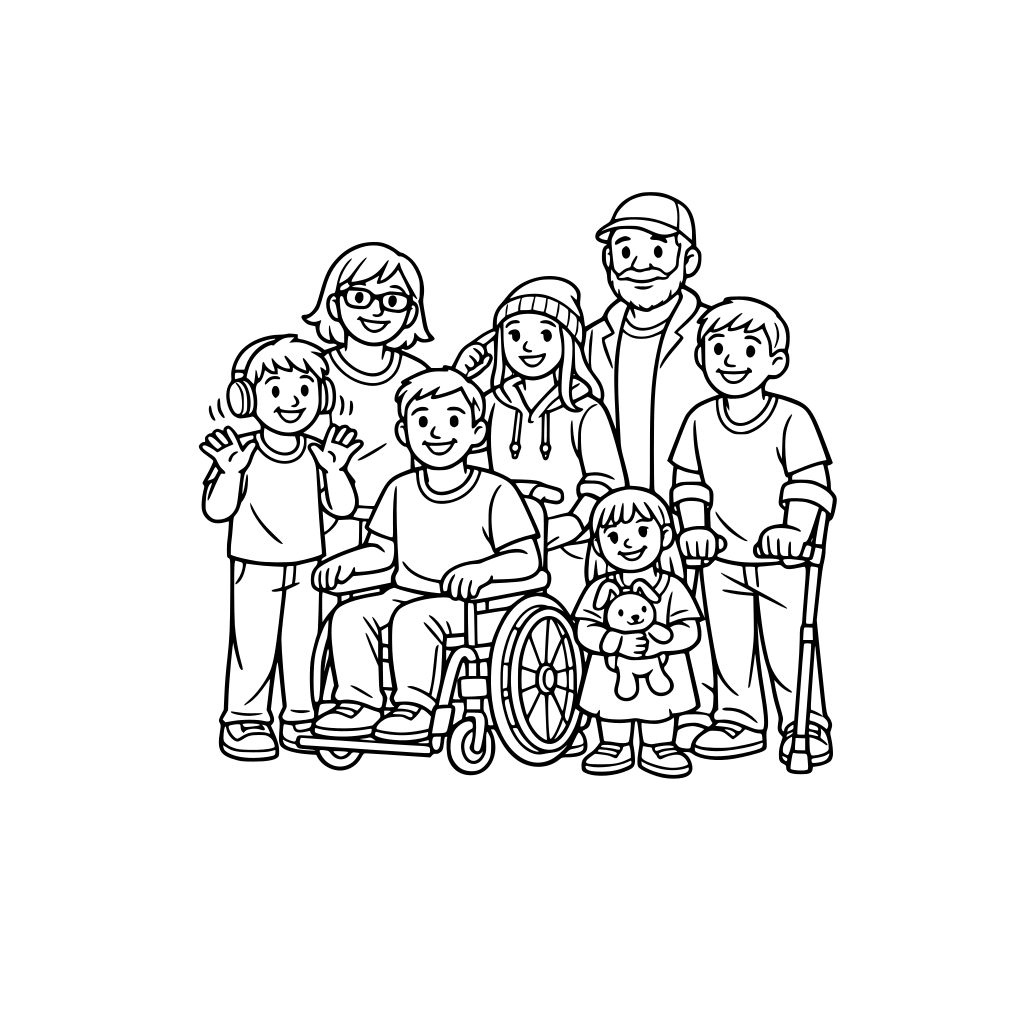 A variety of disabled people, some neurodiverse, some in wheelchairs or with walking sticks
