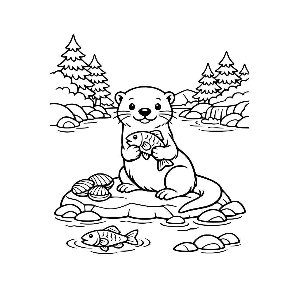 Otter, See, Fluss, Fisch, Muschel, Bäume, Steine, Wasser