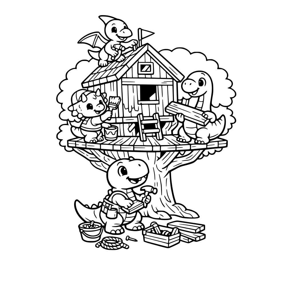 cute dinosaurs building a treehouse