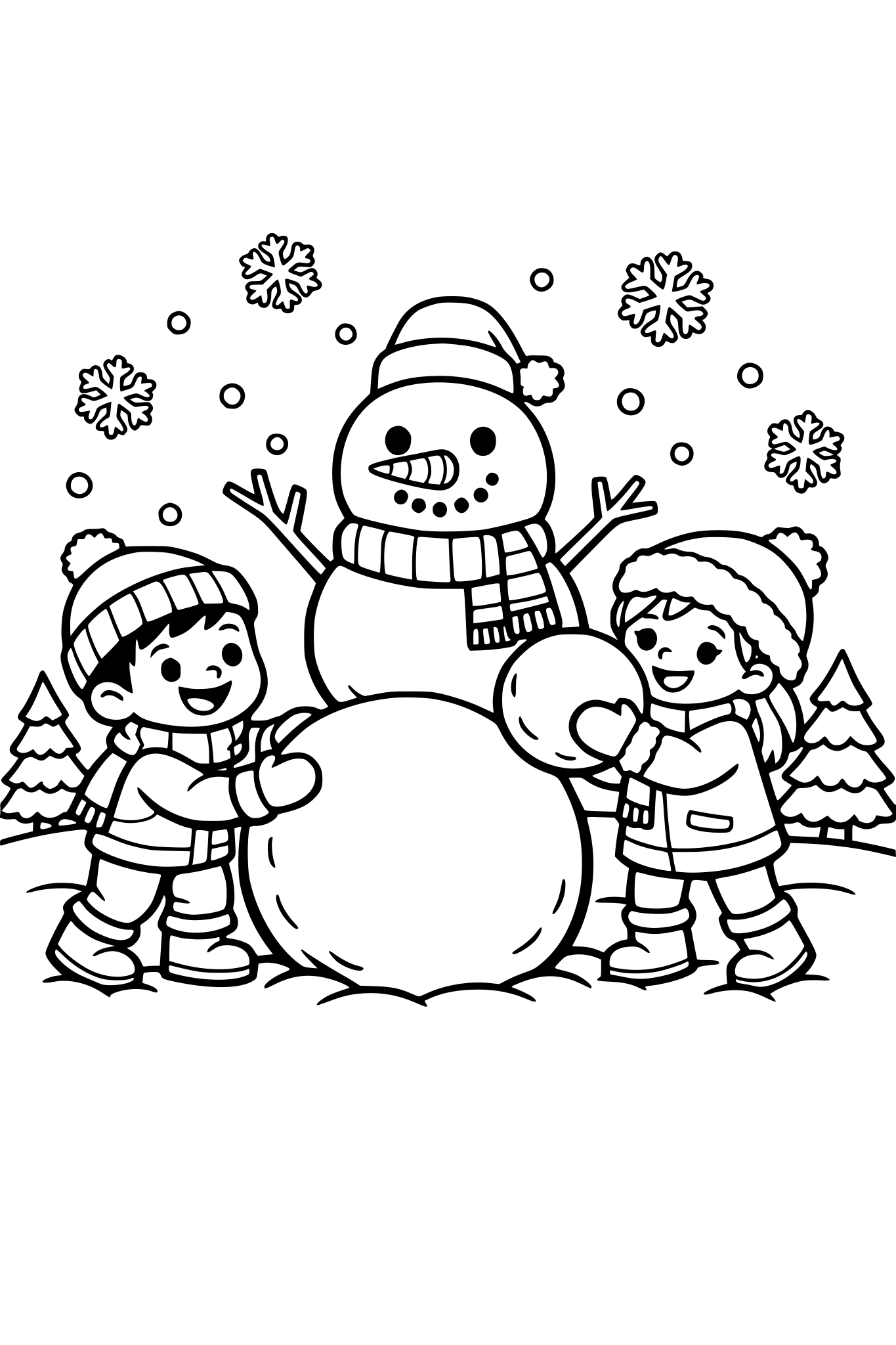 cute kids coloring page, happy boy and girl building a snowman together, stacking big snowballs, snowman with carrot nose and scarf, snowflakes falling, trees in the background, simple shapes, thick outlines, black and white line art