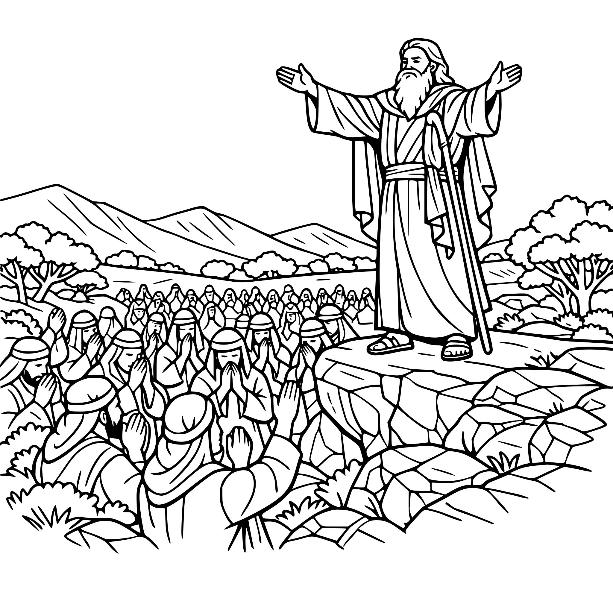 Create an image of Moses praying a blessing over the people of Isreal. Have him standing up on a cliff, holding his hands up and out over the crowd of Isrealites who are also praying Include landscape elements such as rocks, grass and treees