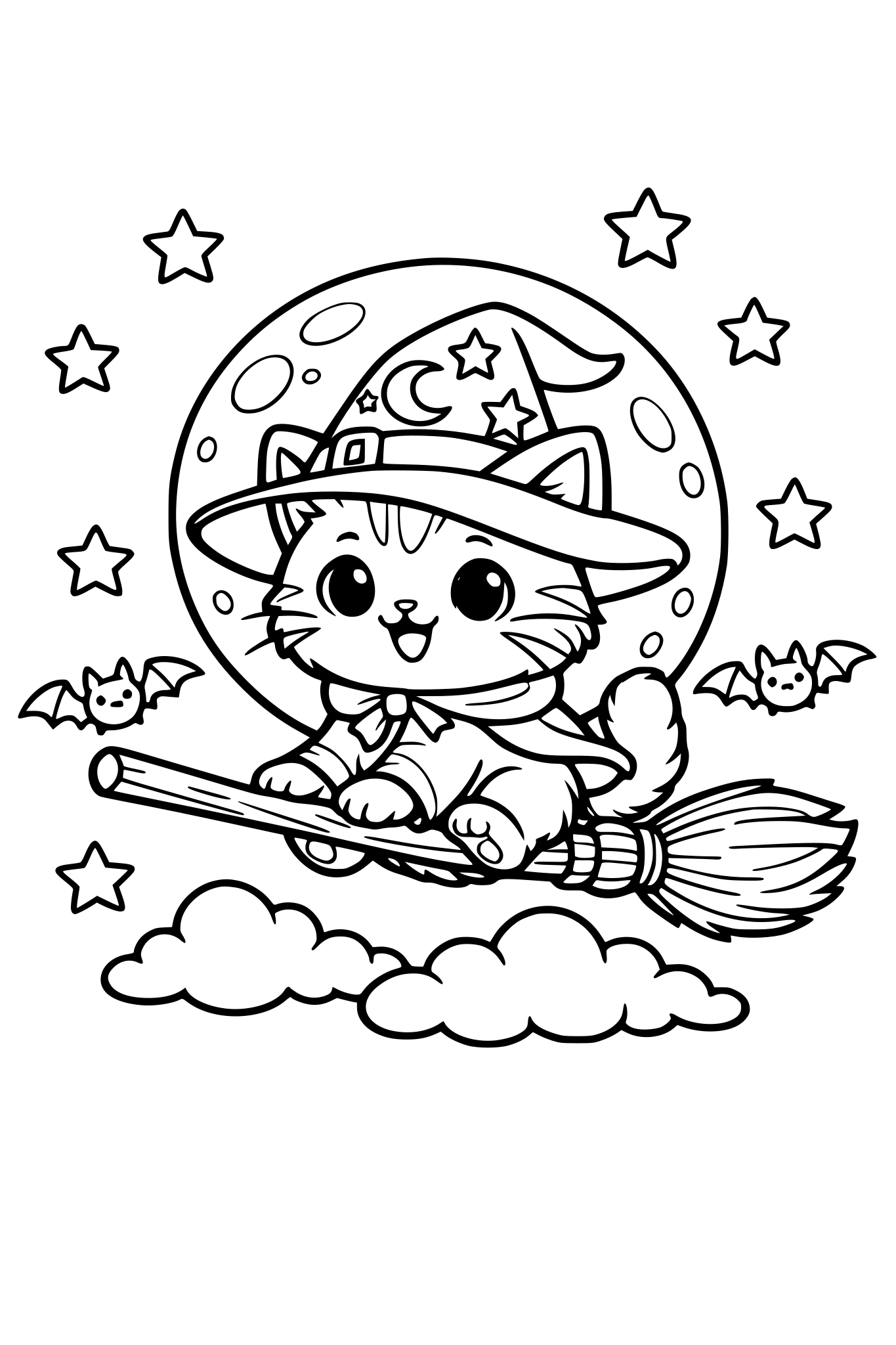 Un gato tierno con un sombrero de mago montado en una escoba volando en noche de luna