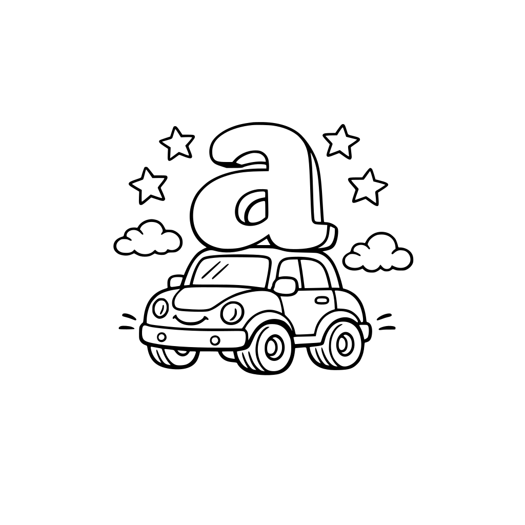 The Letter A in small caps standing on a toy car