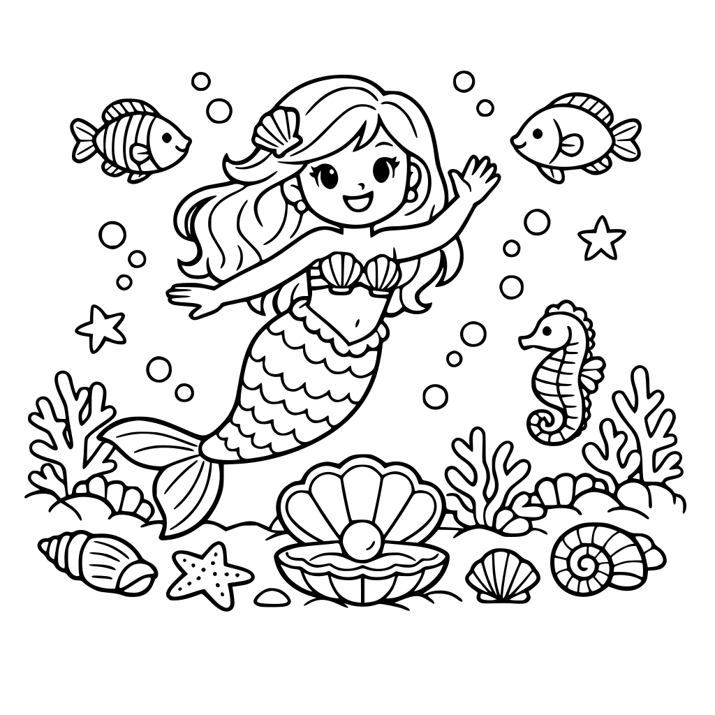 a friendly mermaid swimming among coral, fish, and seashells.