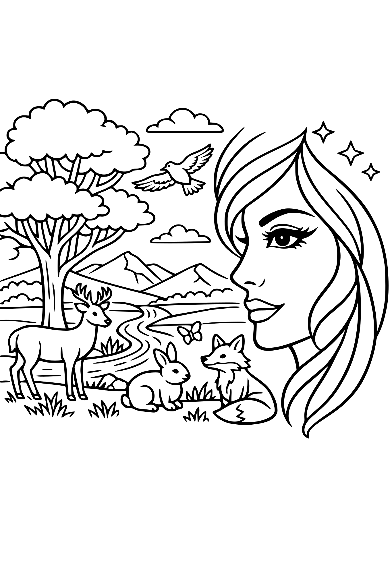 Paesaggio con alberi e animali e accanto il volto stilizzato di una donna.