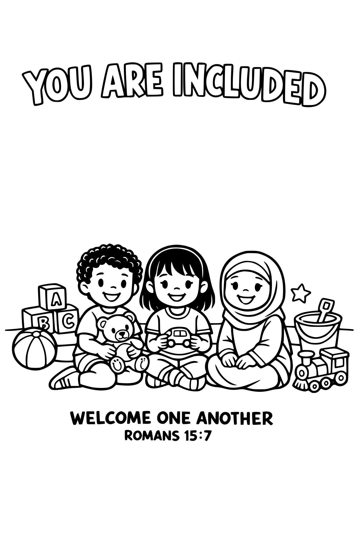 Black and white coloring page, simple kids line art, 3 child
