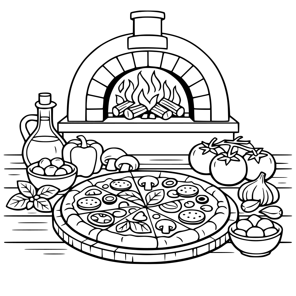 Wood-fired pizza oven with pizza and ingredients on wooden table in foreground