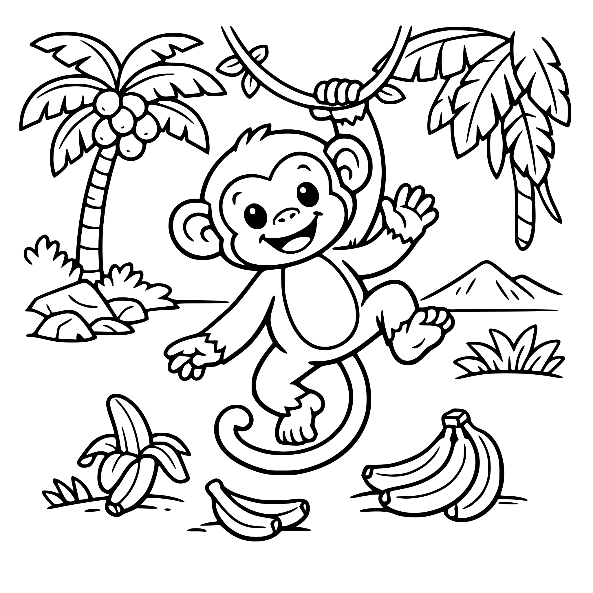 Childrens colouring pages of animals A - Z. Include surroundings appropriate to each animal such as Monkey and trees and bananas