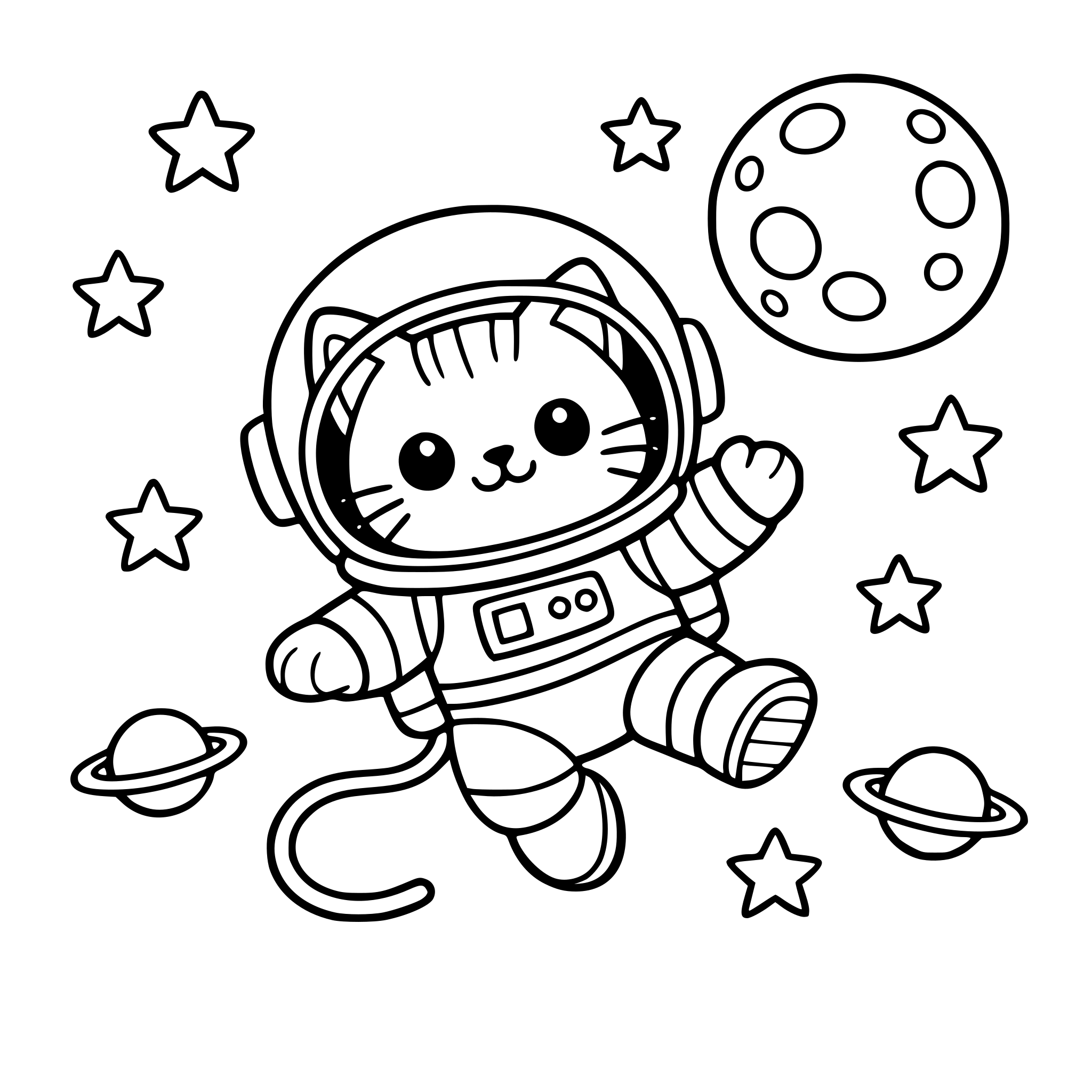 Cute cat astronaut floating in space wearing helmet, surrounded by stars and moon, simple cartoon style, bold outlines, coloring book page with a background of outerspace