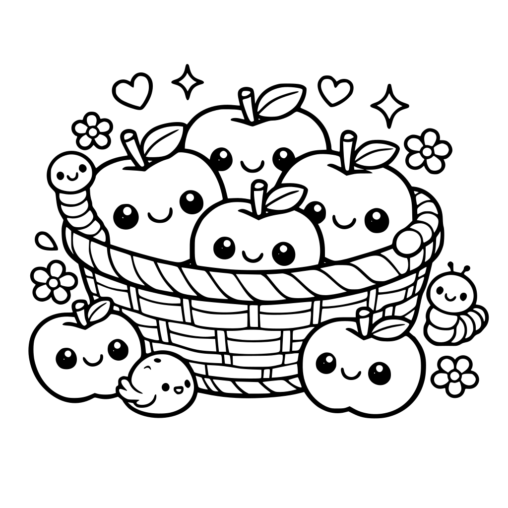 A basket of smiling kawaii-style apples surrounded by smaller apples, flowers, and creatures that like apples (such as worms). Bold, clean outlines fit for a cutesy coloring page.