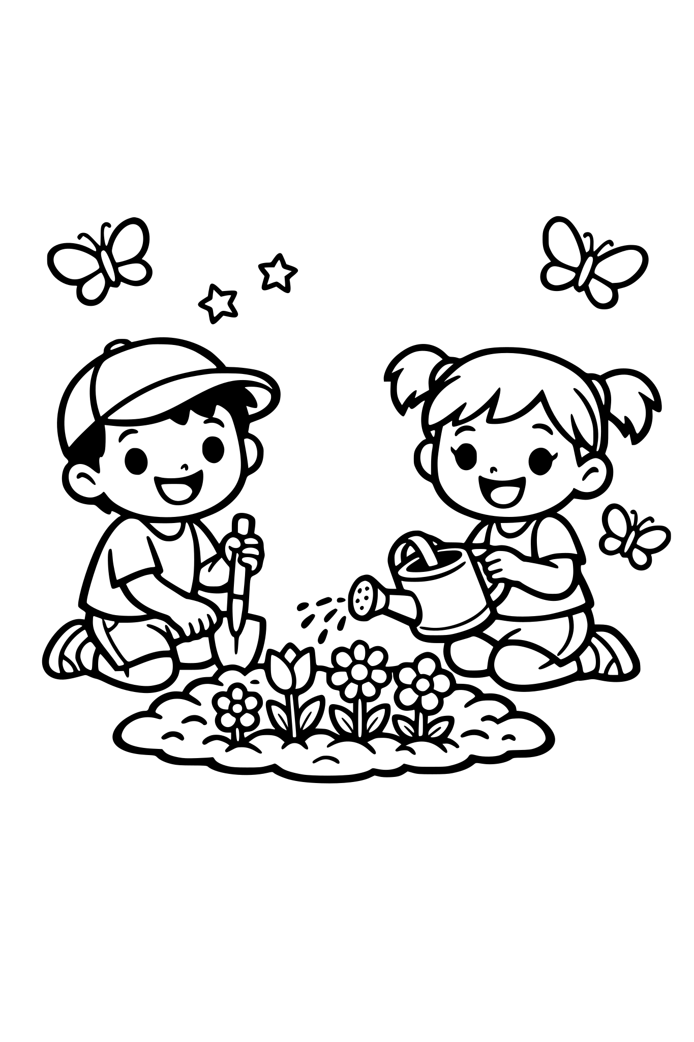 cute kids coloring page, happy boy and girl planting flowers in a small garden, holding a shovel and watering can, flowers growing from the soil, butterflies flying nearby, simple shapes, thick outlines, black and white coloring book illustration