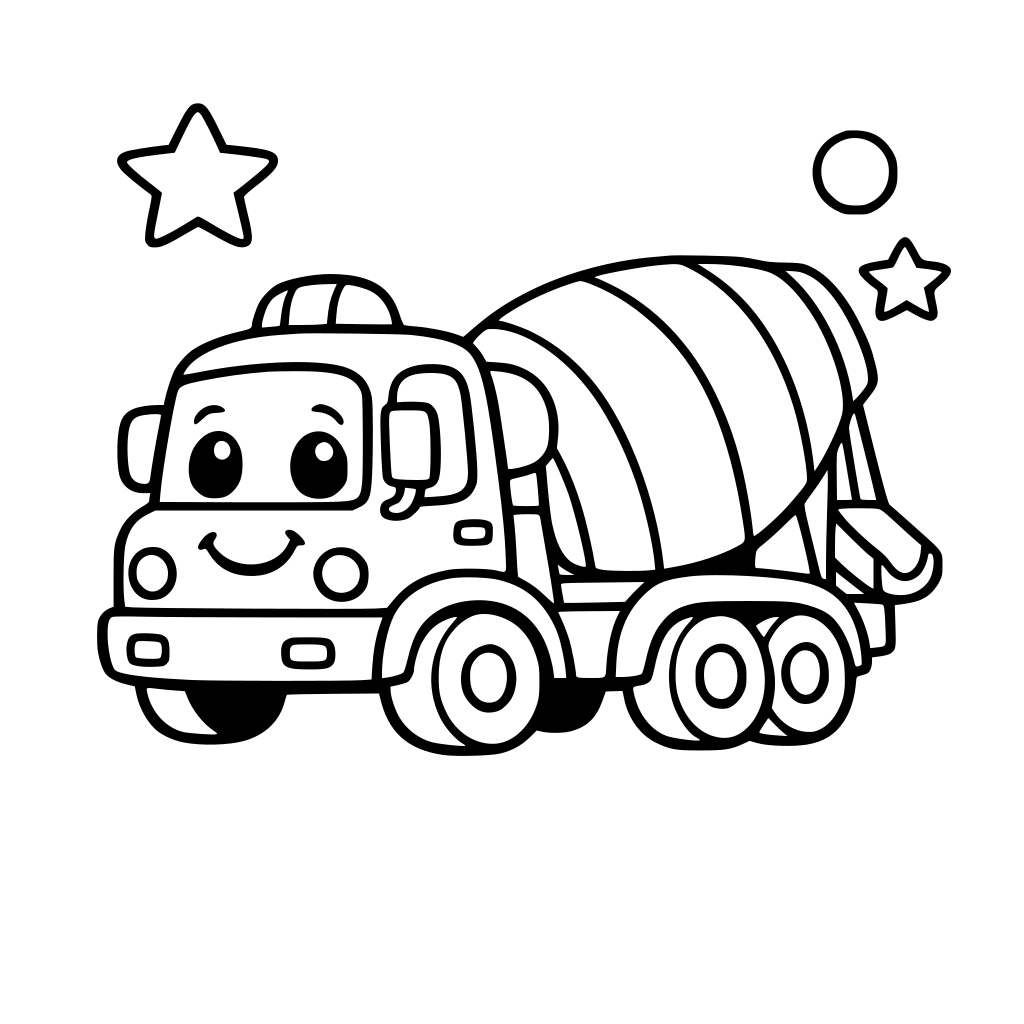 Розфарбувати чорно-білий малюнок як мультяшну дитячу машинку або бетономішалку, яскраві насичені кольори, великі прості деталі, заповнити всі порожні області, зберегти контури, чистий фон, весело і дружелюбно для дітей 3-5 років