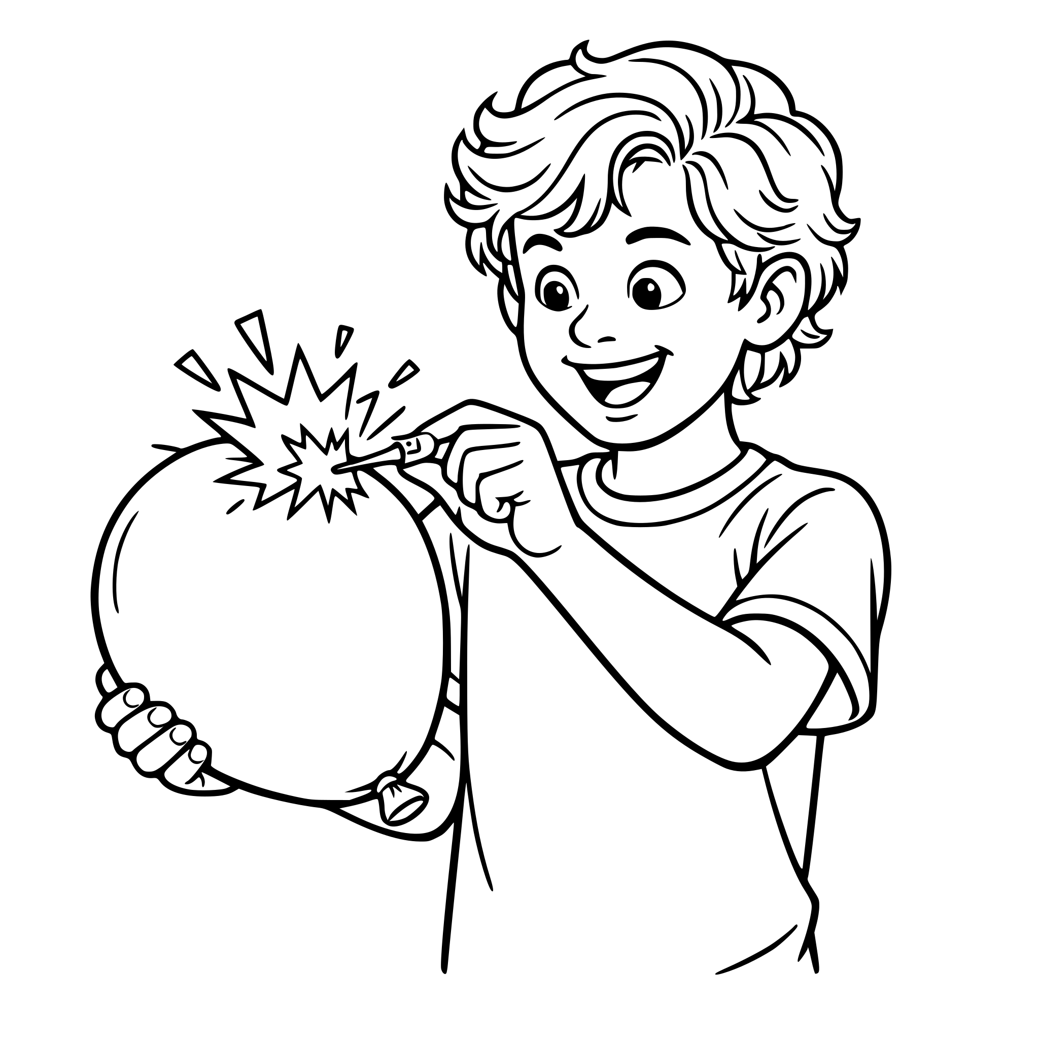 Create an image of a real life older boy with blonde wavy hair, popping a balloon with a safety pin. White background, isolated.