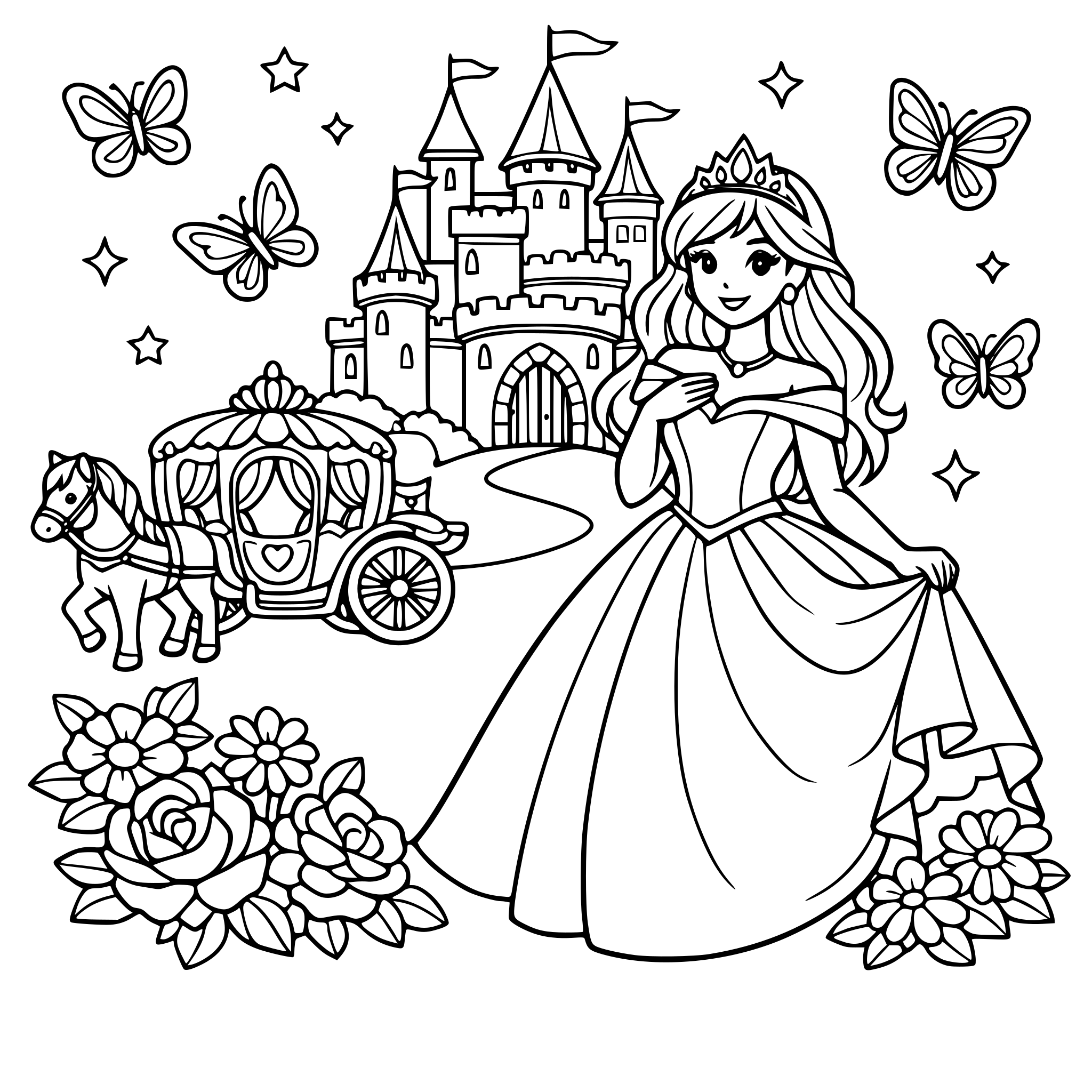 Crie um livro de princesas com castelos, carruagens, flores e borboletas para colorir