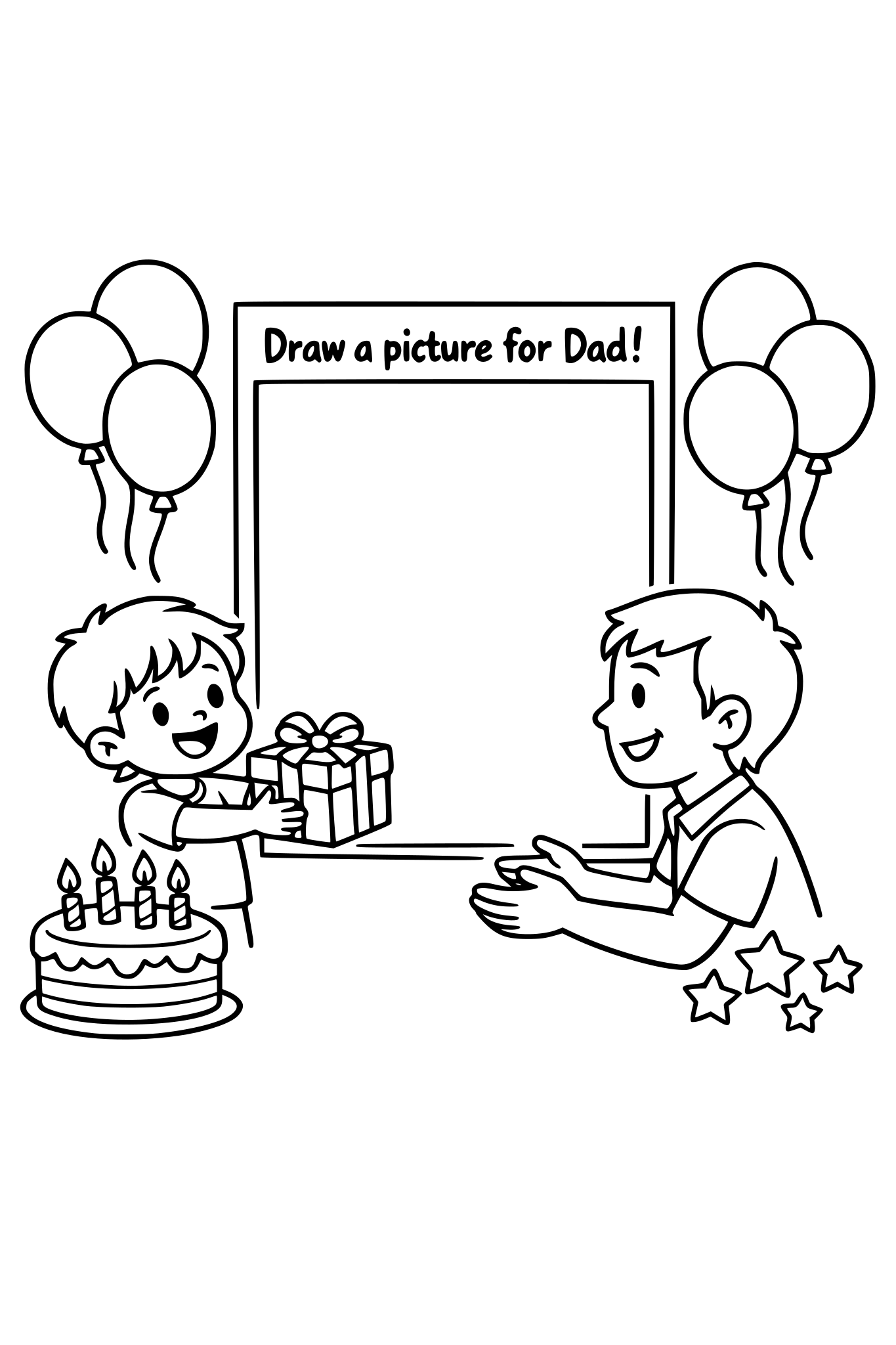 cute kids coloring page, smiling child giving dad a wrapped gift, large empty frame labeled "Draw a picture for Dad", balloons and birthday cake around, simple shapes, thick outlines, kids coloring book style