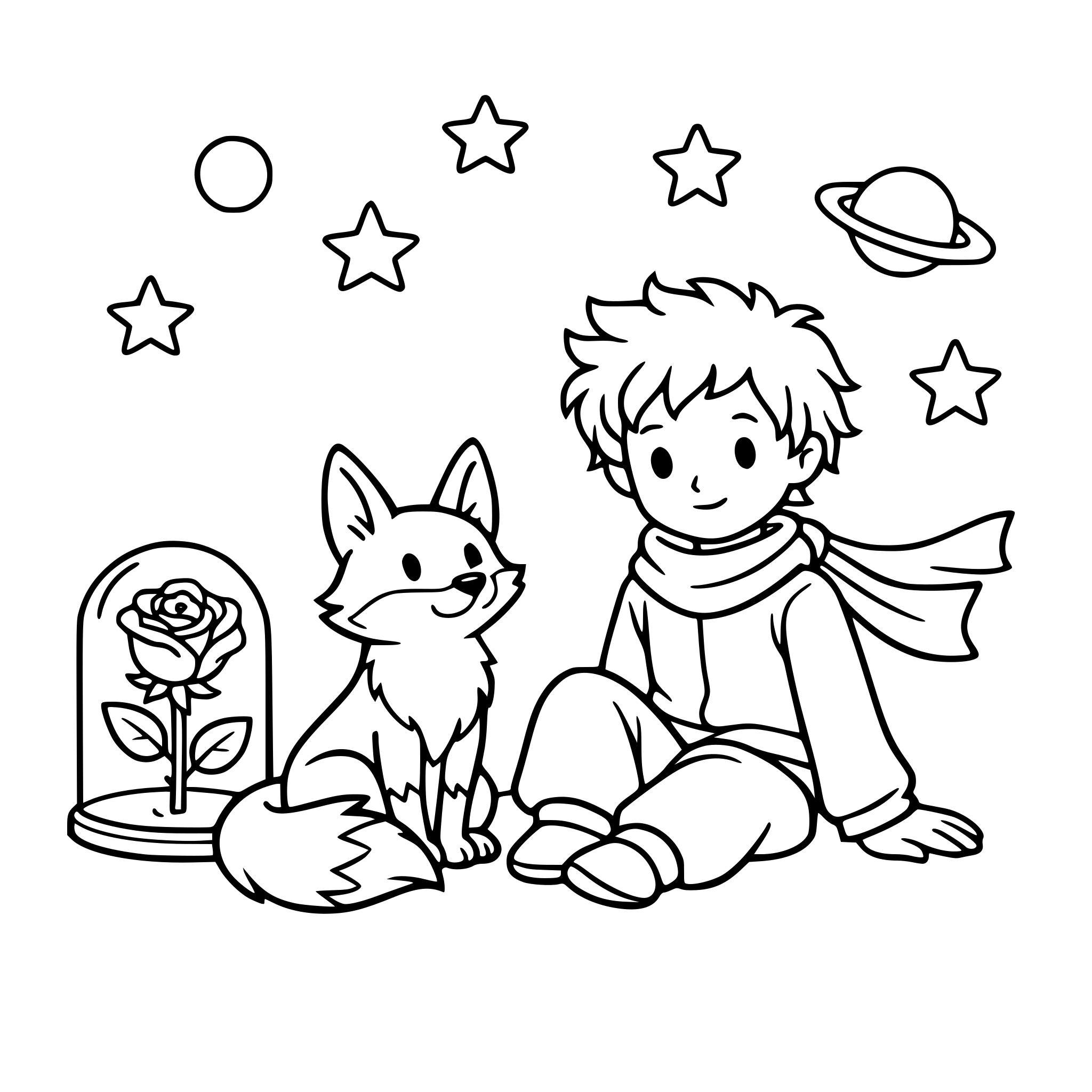 Le petit prince de saint exupéry avec le renard, les étoiles et la rose