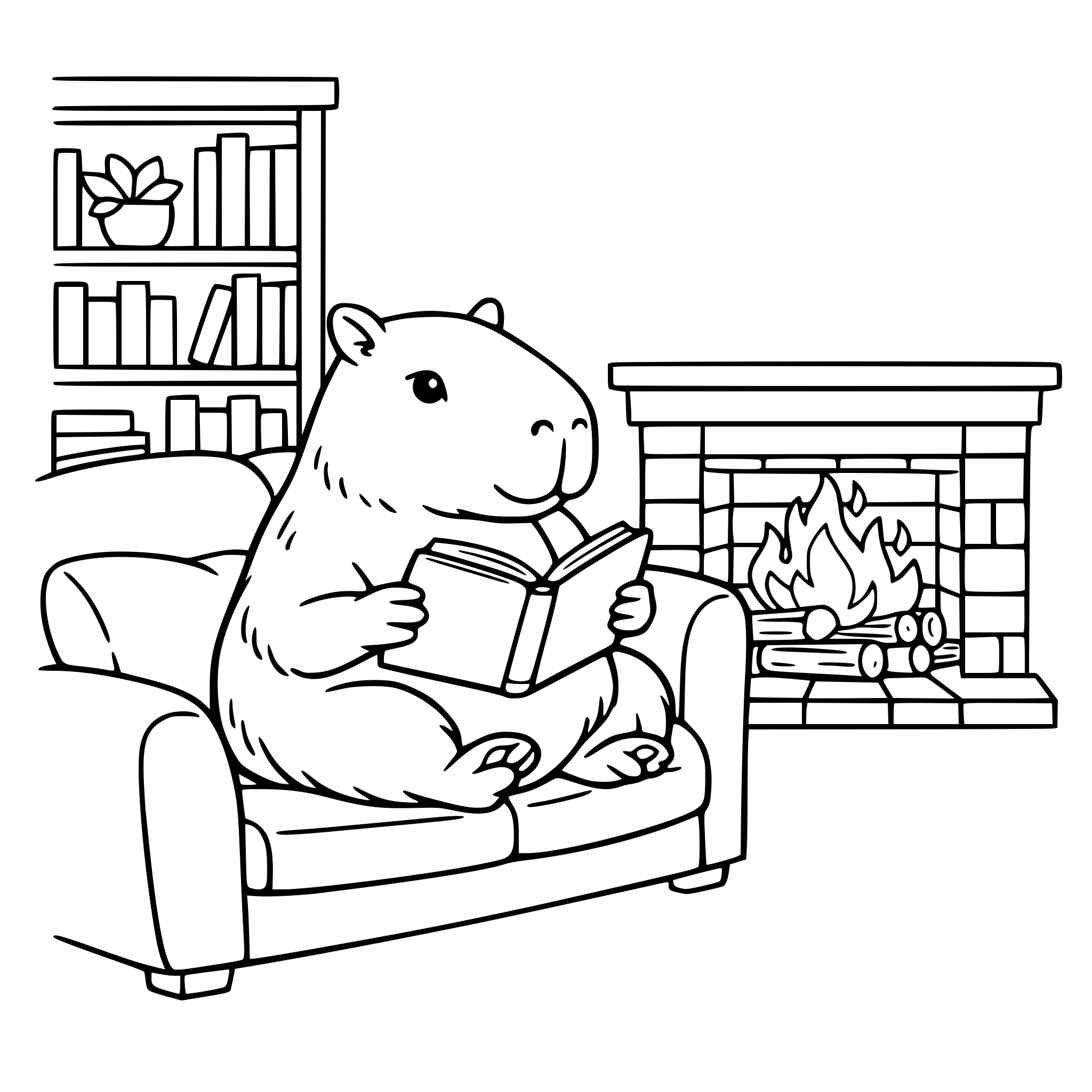 Capibara leyendo un libro sentado en un sofá junto a una librería al lado de una chimenea prendida.