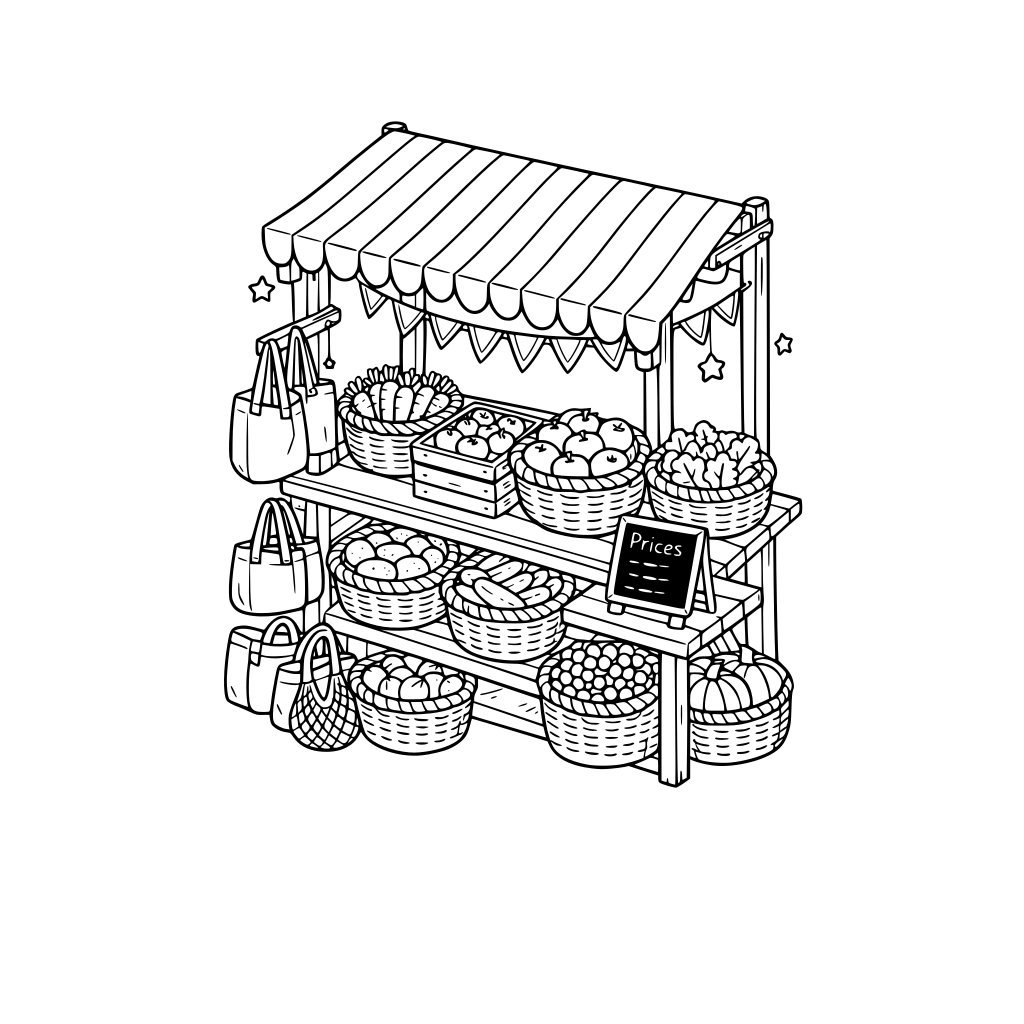 hygge style, cute and cozy, 3d isometric, outdoor stall with baskets of vegetables and fruits, striped canopy overhead, reusable bags neatly packed, small chalkboard price sign.
