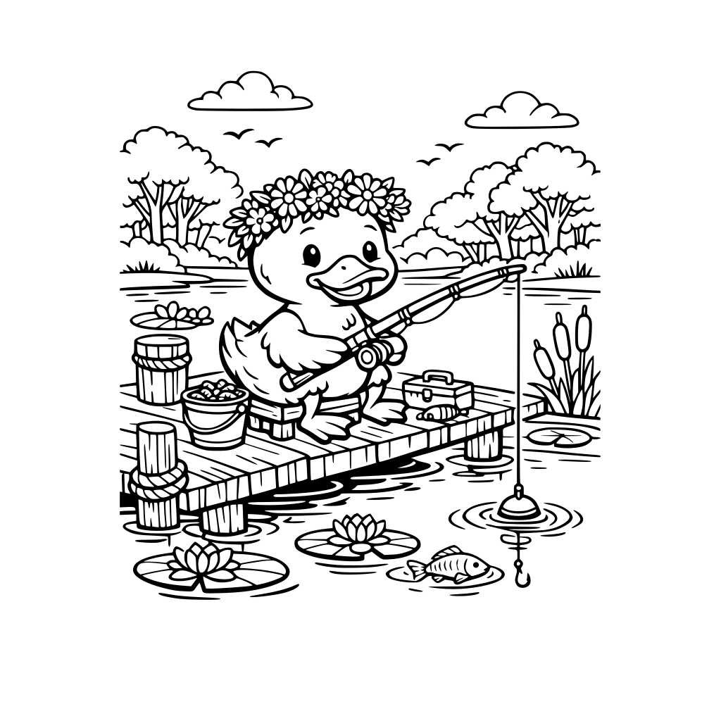 a duck fishing at n pond on a deck on a spring morning, trees in the back ground. The duck has a grown of flowers on