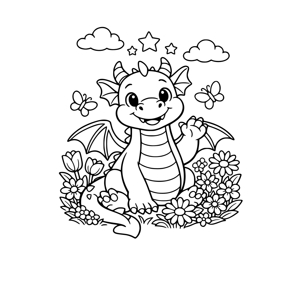 Un dragon prietenos într-o grădină cu flori