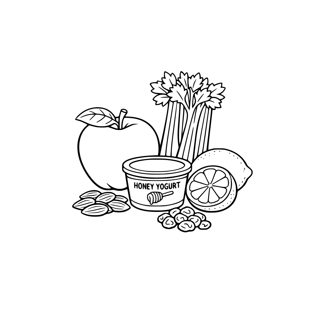 an apple, celery, almond, lemon, dried cranberries, and a small tub of honey yogurt