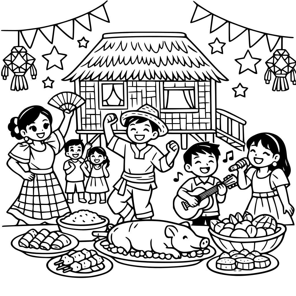 A picture of filipino festival with bahay kubo, dancing, singing, foods, celebrating