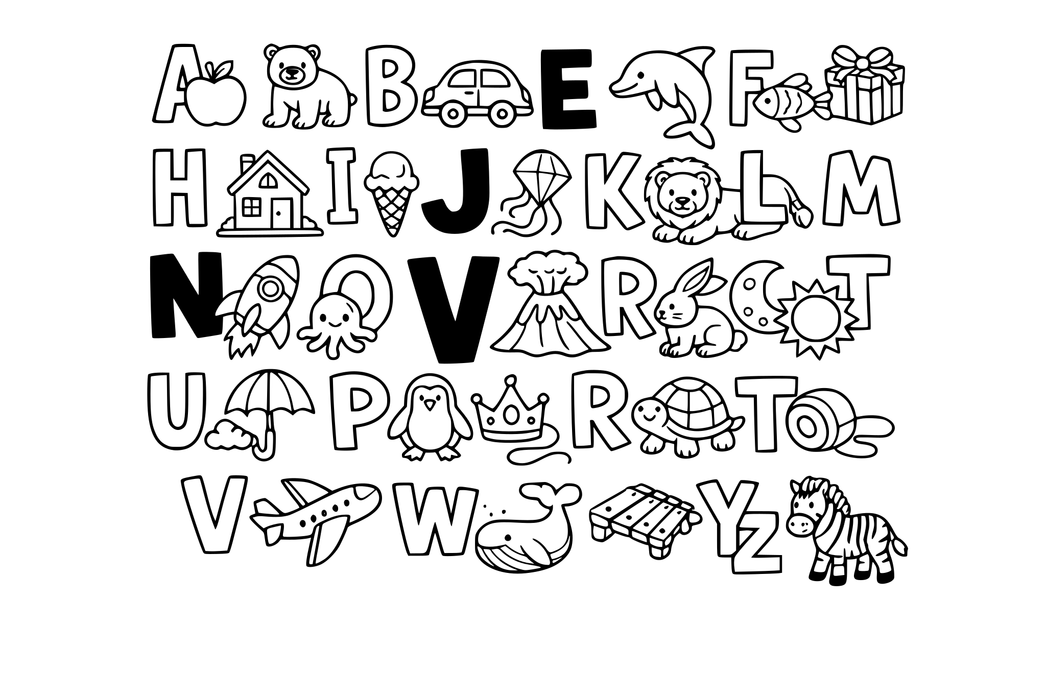 A book that has the alphabet with pictures to clour in but m