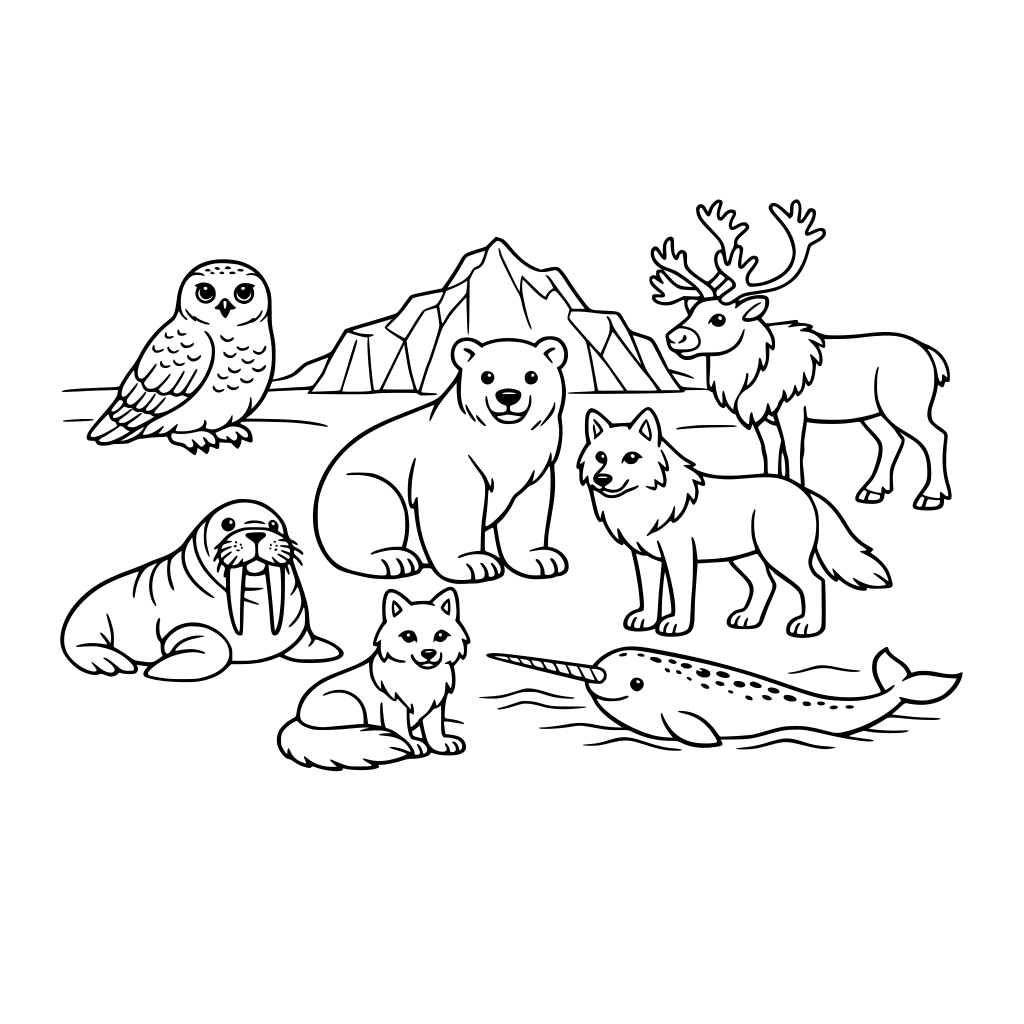 arctic tundra scene with the animals: snowy owl, polar bear, arctic wolf, arctic fox, walrus, narwhal and caribou with an iceberg or small mountain or plain in the background