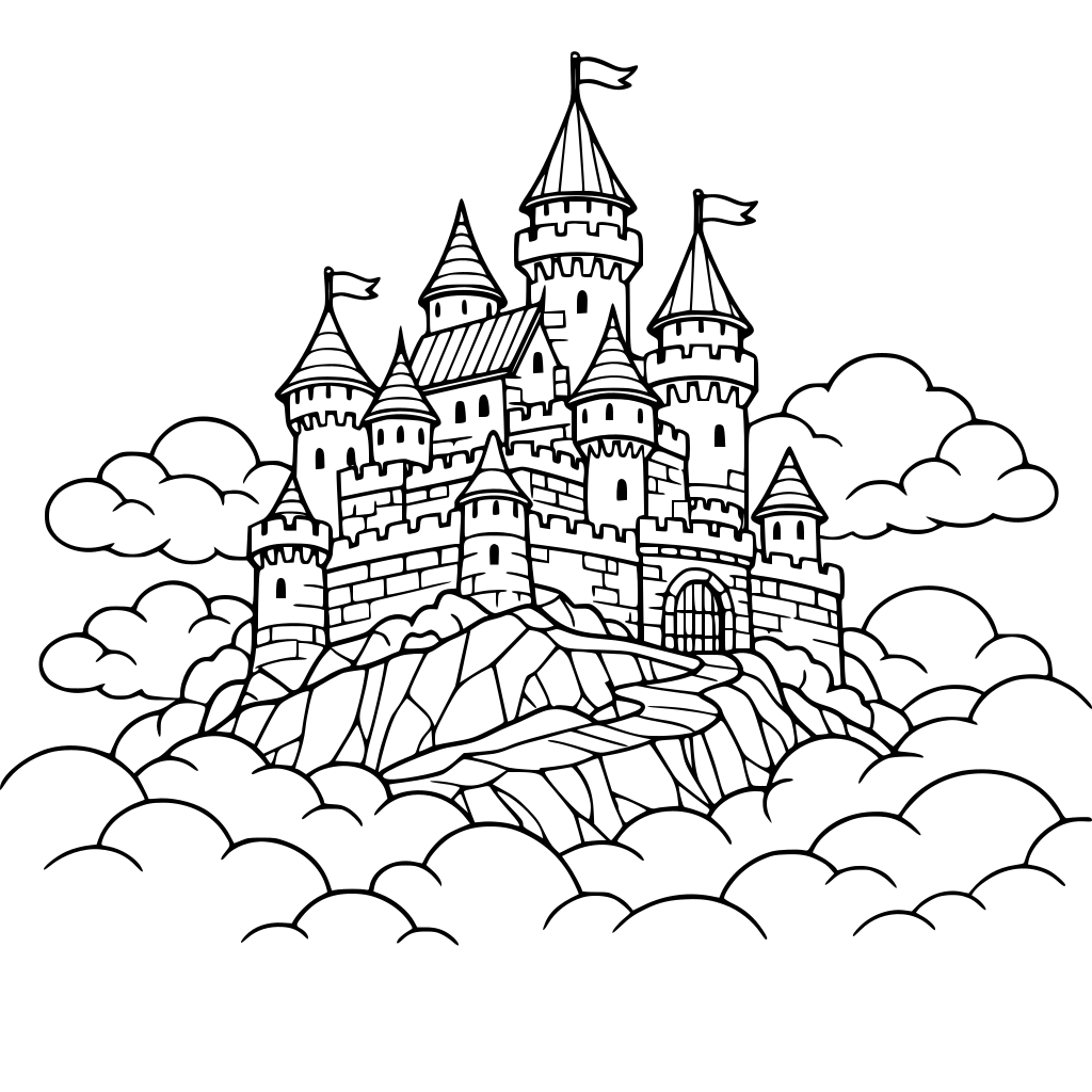 Een kasteel op een heuvel met wolken