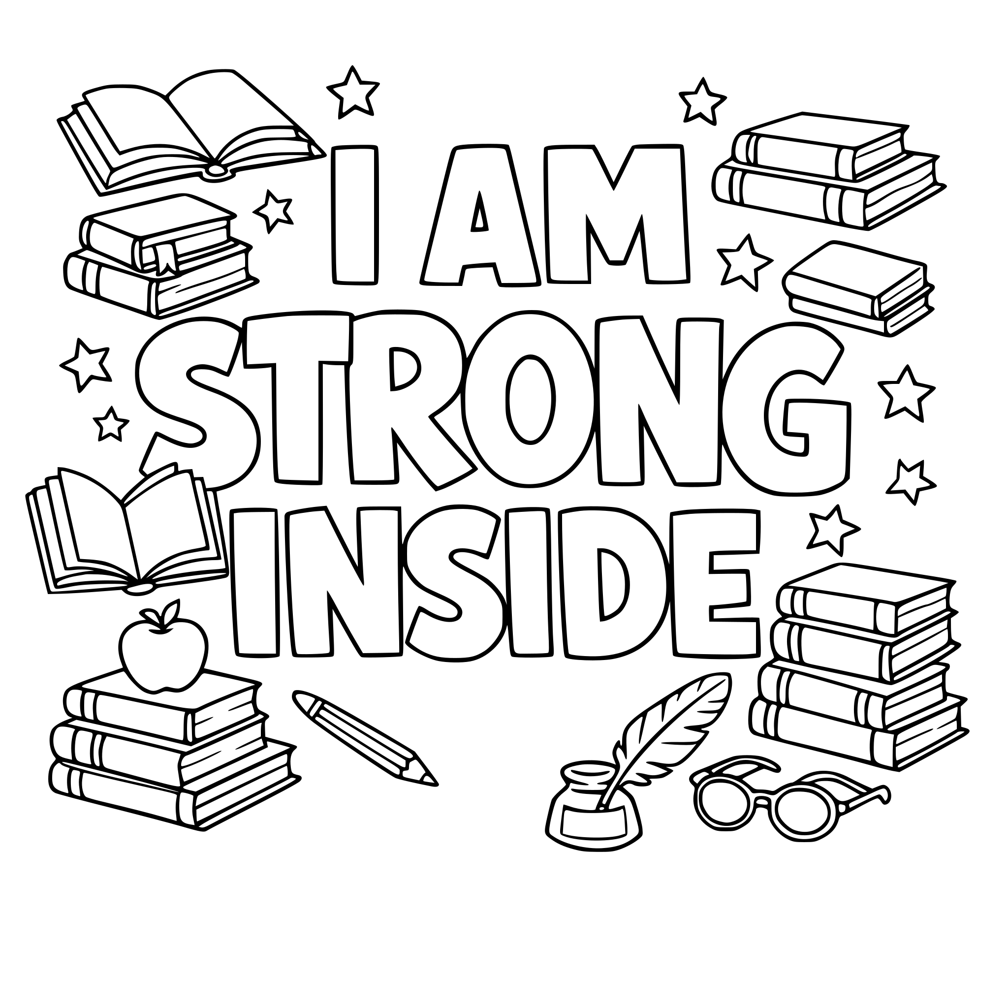 "I AM STRONG INSIDE" coloring letters with books around the letters.
