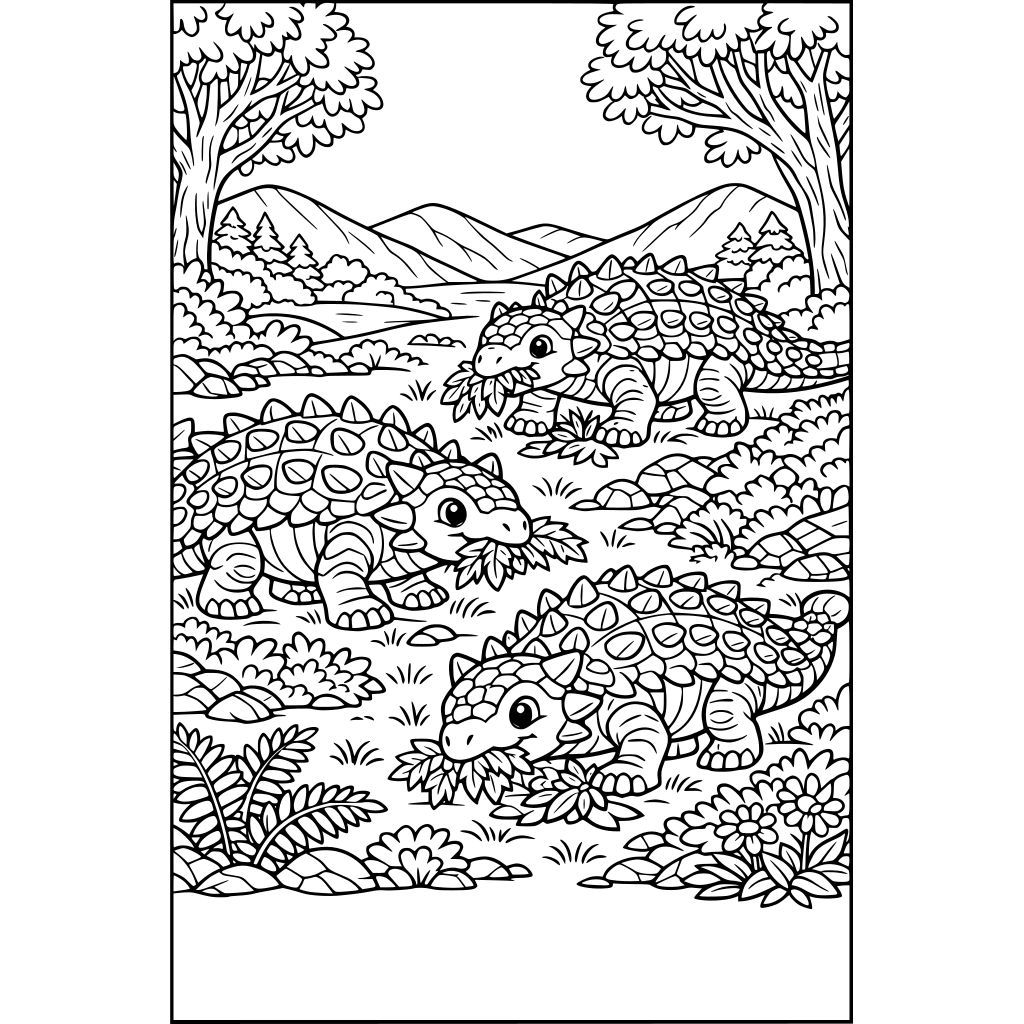 Portrait oriented coloring book page that is black and white with 3 friendly ankylosaurus eating plants in a field with trees around. Background has hills and trees. Fill the whole page with great detail to the borders.