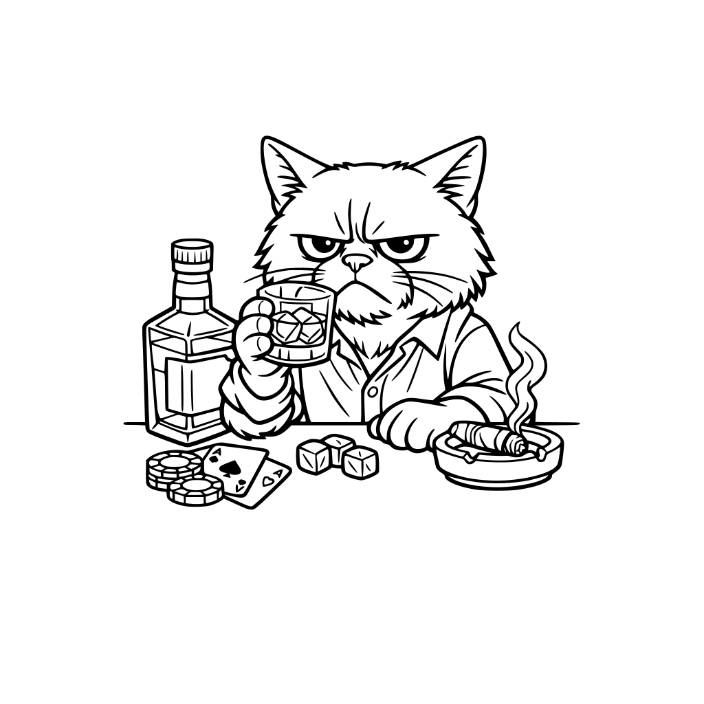 A grumpy cat drinking whiskey