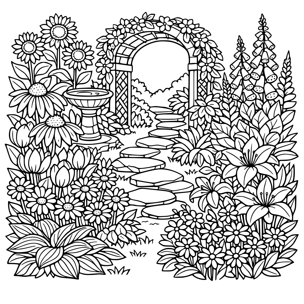 botanical garden themed adult coloring book page, intricate black and white line art, detailed flowers, leaves and plants arranged like a real garden section, clear bold outlines, no shading, highly detailed but calming, for teen and adult women, stress relief coloring