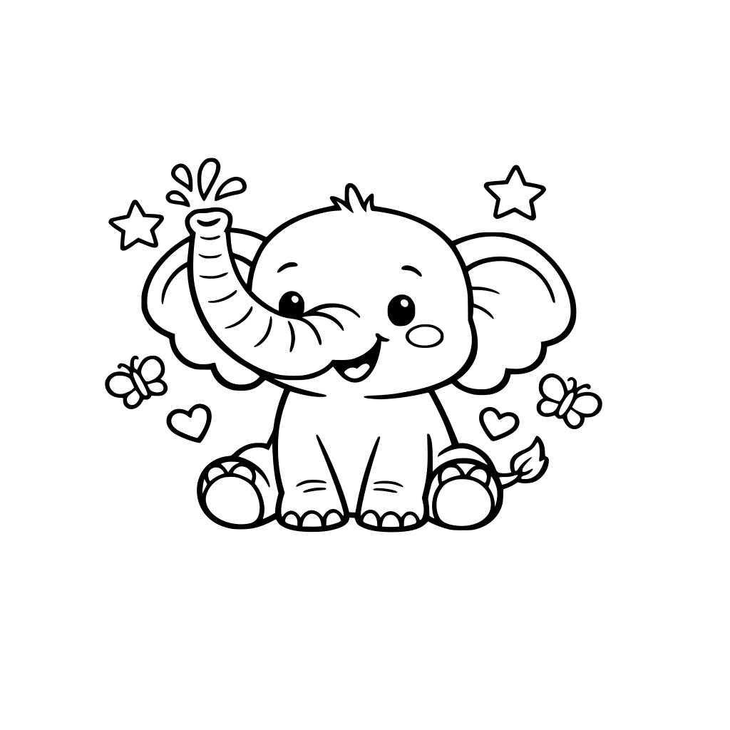 Simple cute coloring page for kids aged 3-7, black and white line art, thick bold outlines, no colors, no shading, white background, cute style, easy shapes, printable coloring book page, subject: a happy elephant