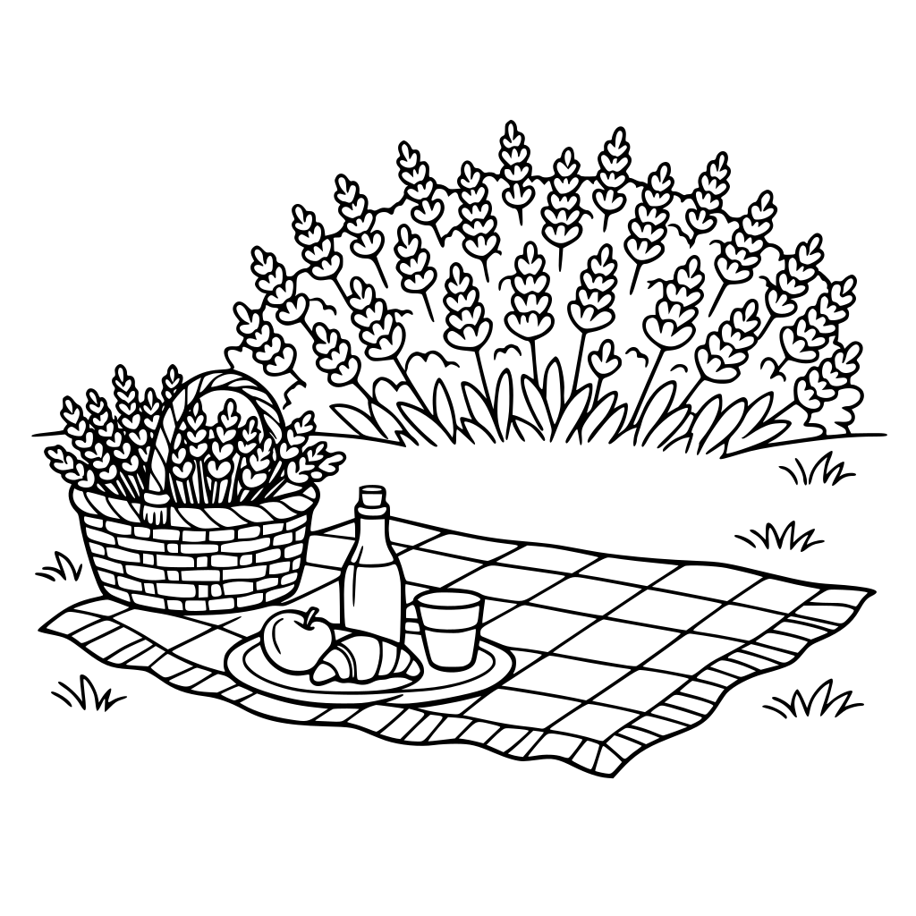 Eine Wiese mit Decke auf der Einrissen liegt, daneben steht ein Korb voller Lavendel und im Hintergrund steht ein Busch an den lila Blüten blühen