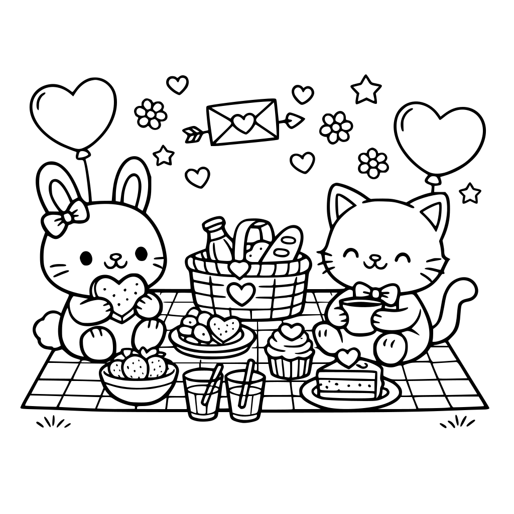 two cute animals sitting down having a picnic at park with valentine theme coloring book